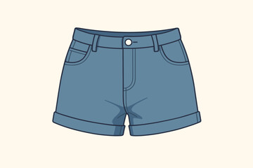 Women's modern summer shorts vector illustration. Blue denim jean shorts with rolled cuffs. Casual fashion apparel for warm weather. Isolated clothing garment clipart design.