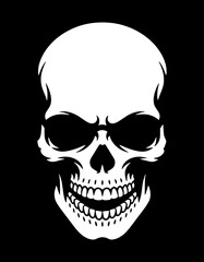 Fototapeta premium Minimalist Vector Skull Face with Aggressive Expression, Dripping Mouth, and Sharp Features Black Ink Silhouette Tattoo Stencil Art on Black Background