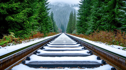 A train track is covered in snow and surrounded by trees
