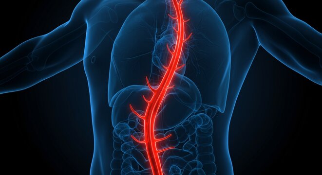 Highly Detailed Anatomical Illustration of the Human Spinal Cord and its Branches, Showing the Nervous System's Complex Structure