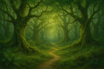 Naklejka premium Enchanting Fairytale Forest Path Leading Through Giant Ancient Trees with Lush Green Vegetation and Magical Light Filtering Through the Canopy Digital Painting Background