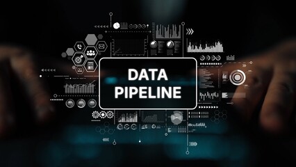 Modern Data Pipeline Concept with Graphical User Interface and Digital Visualizations of Data...