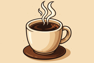 Obraz premium Cartoon coffee cup with steam, isolated vector illustration. Hot beverage icon for cafe menu or coffee shop logo design. Morning drink concept, espresso or americano in a mug.