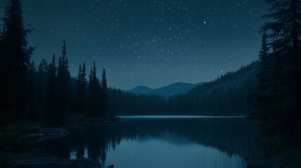 A starry night sky over a tranquil lake surrounded by trees 