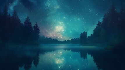 A starry night sky over a tranquil lake surrounded by trees 