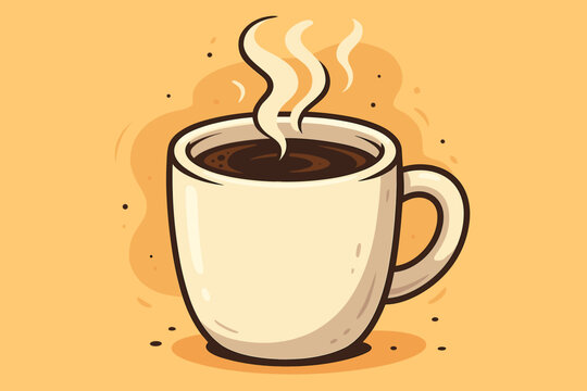 Retro cartoon illustration of a steaming hot coffee cup on a warm background. White mug with fresh americano or espresso. Vector design for cafe, menu, breakfast, or coffee shop.