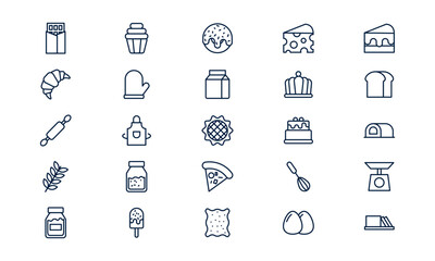 Bakery icon depicting bread, pastry, and baking tools for fresh food and dessert concept in outline style