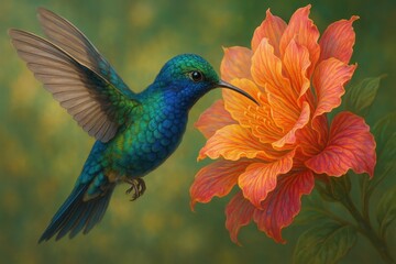 Obraz premium Exquisite Digital Artwork Hummingbird with Iridescent Feathers Hovering Mid Air to Sip Nectar from a Vibrant Exotic Flower Detailed and Colorful Nature Illustration