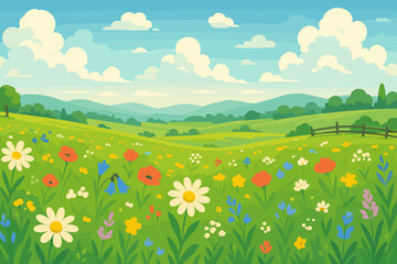 Fototapeta premium Summer meadow landscape with blooming wildflowers like poppies and daisies. Idyllic countryside scenery with green rolling hills and blue sky. Flat cartoon vector background.
