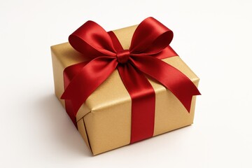 Obraz premium Exquisitely Wrapped Golden Gift Box Tied with a Luxurious Red Satin Ribbon and Bow Isolated on a Clean White Background Perfect for Special Occasions and Celebrations