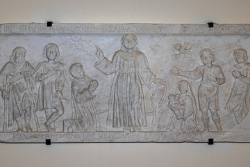 Bas-relief depicting Saint Salvatore from Horta in the church of Santa Rosalia in Cagliari. Sardinia, Italy