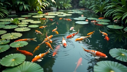 Koi Fish Swimming in Pond with Lily Pads and Lush Greenery