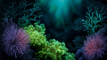 Naklejka premium Colorful digital artwork of an underwater coral reef with glowing green, purple, and pink corals.