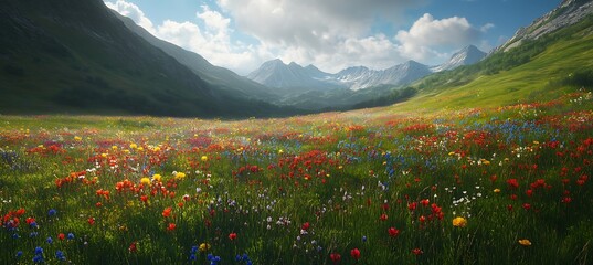 A tranquil alpine meadow with wildflowers and distant peaks