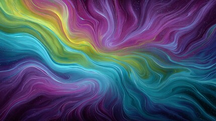 Fototapeta premium A vibrant abstract artwork with swirling, flowing patterns in shades of purple, blue, and teal, featuring a bright streak of yellow and green running diagonally through the center. 