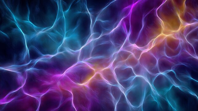 An abstract, glowing network of colorful, branching lines and electric patterns in shades of blue, purple, pink, and hints of gold, creating a vibrant, energetic, and dynamic visual effect.
