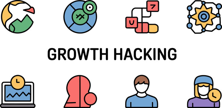 Growth hacking marketing strategy and business development icon set for startup success tips and tricks editable stock vector illustration