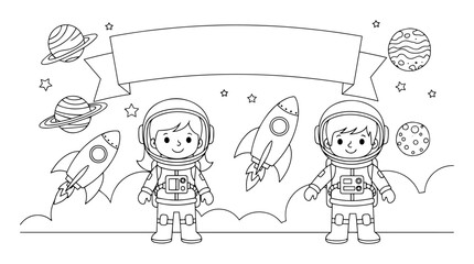 Fototapeta premium kids in space suits with blank banner outer space theme