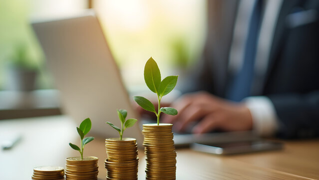 Stacks of gold coins with growing plant on wood table, businessman working on laptop at office. Investment and business growth concept.