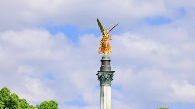 Time-lapse of the Nike Victory Goddess as a Peace Monument with Peace Angel, the landmark, monument and attraction of the Maximiliansanlagen in Munich - Bavaria, Germany, Europe