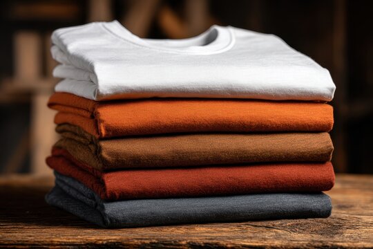Stack of neatly folded t-shirts in warm autumnal tones, arranged on a rustic wooden surface, showcasing fashion basics with soft texture details, for apparel advertising