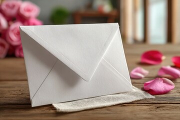 A blank white envelope resting on a textured cloth with pink rose petals, inviting thoughts of love, romance, and cherished handwritten messages on wood table.