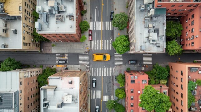 Aerial view of a city street intersection with buildings and a yellow car