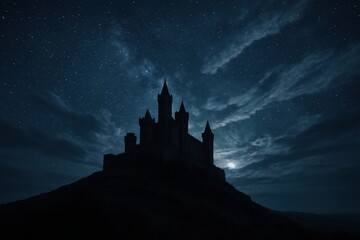 Medieval fantasy castle silhouetted against dramatic nighttime sky with gothic architecture