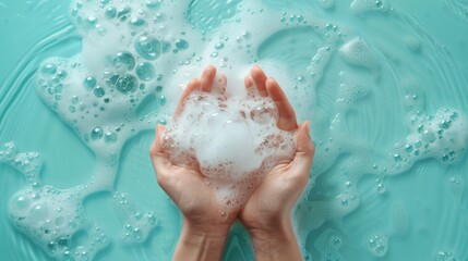 Fototapeta premium Captivating image of hands cradling bubbles amidst flowing water, illustrating the purity and tranquility of cleanliness and the soothing nature of liquid and foam.