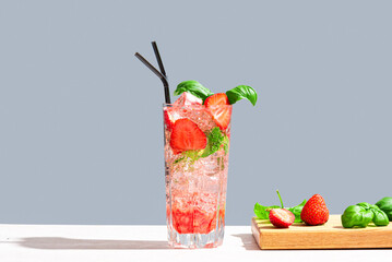 Strawberry and basil Mojito cocktail drink