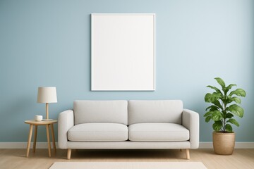 Minimalist Living Room Interior with a Blank Vertical Poster Mockup on a Serene Blue Wall Complemented by a Simple Sofa and Subtle Decor Elements 3D Illustration