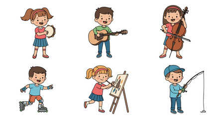 Naklejka premium Illustrations of Kids Playing Music Painting Rollerblading and Fishing for Educational Purposes