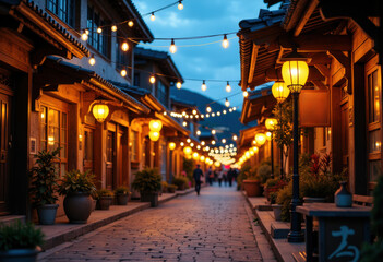 Fototapeta premium Charming evening street scene with warm lantern lights and cozy shops