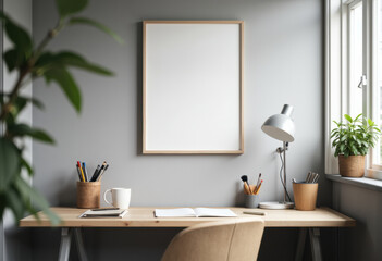 Minimalist workspace with a wooden desk, potted plants, and natural light from the window