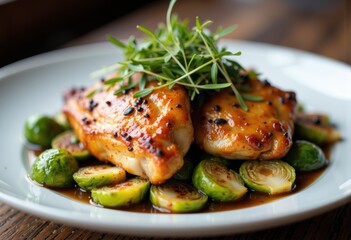 Grilled chicken thighs served with fresh green beans and microgreens on a white plate