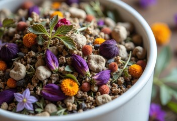 A vibrant mix of dried flowers and herbs in a white bowl