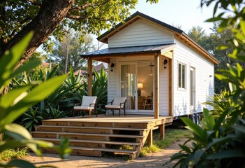 Cozy white wooden tiny house with a porch surrounded by lush greenery and trees