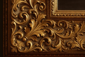 Ornate vintage golden picture frame with intricate baroque carved details and antique patina finish