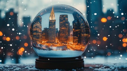 Cityscape snow globe, NYC skyline reflected