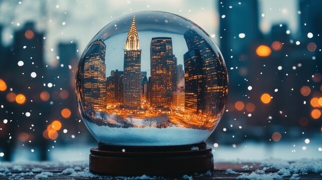 Cityscape snow globe, NYC skyline reflected