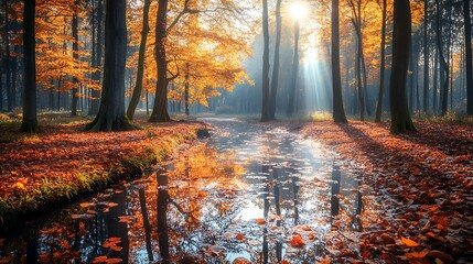 A tranquil autumn forest with a small stream running through, fallen leaves floating on the water, and sunlight filtering through the trees