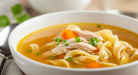 Bowl of chicken noodle soup. The soup includes pieces of chicken, wide noodles, and sliced carrots in a broth. Garnished on top are chopped green onions or chives.