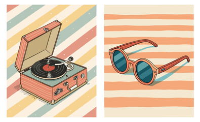 Naive drawing set of two vector images for retro decor: vintage record player and stylish sunglasses for nostalgia