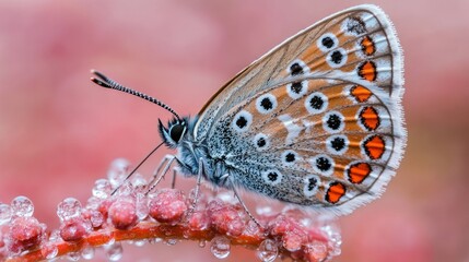 Close-up of a butterfly perched on a dewy branch