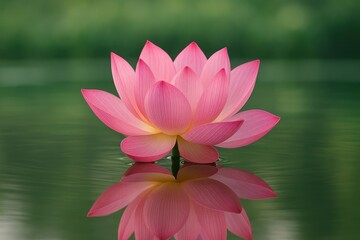 Serene Pink Lotus Flower Floating on Calm Reflective Water with a Softly Blurred Green Background Symbolizing Zen Meditation Purity and Spiritual Enlightenment Illustration