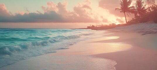 A tranquil beach at dusk with a soft, pink sky and gentle waves 