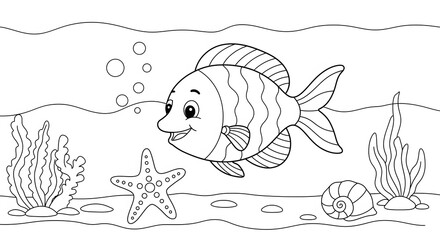 Adorable Ocean Fish Coloring Page Underwater Scene with Starfish and Seashell