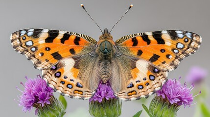 Naklejka premium Close-up of a vibrant butterfly with orange, brown, and white wings perched on purple flowers
