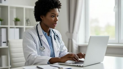 Female Doctor Using Laptop in Bright Office - A focused African American female doctor sits at her desk, using a laptop computer. She's wearing a white coat and stethoscope, working in a clean