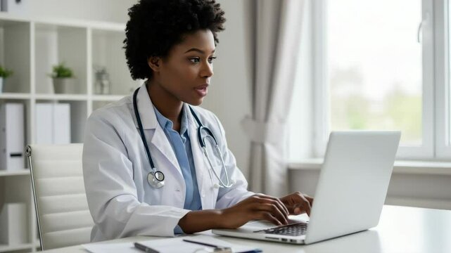 Female Doctor Using Laptop in Bright Office - A focused African American female doctor sits at her desk, using a laptop computer. She's wearing a white coat and stethoscope, working in a clean